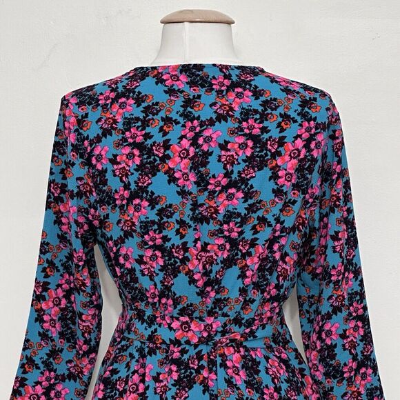 Cheztu Womens‎ Dress 12 Turquoise Blue Pink Floral Faux Wrap Ruffle Cottagecore - Picture 7 of 16